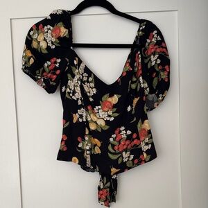 Reformation Black Floral Puff Sleeve Blouse